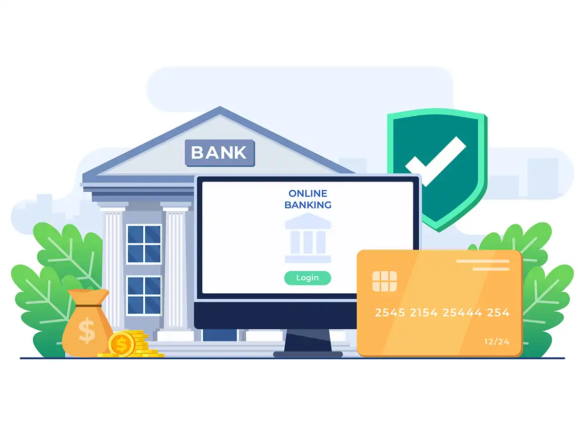 Log into online bank account with computer flat illustration, Online bank login page with username and password, Money transfer and cash withdrawal, Digital wallet, Secure access to personal account